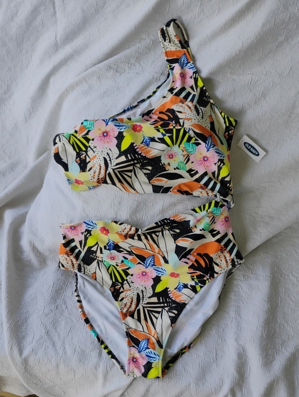 NWT Women's Old Navy One Shoulder Side Cut Out Tropical Print Swimsuit